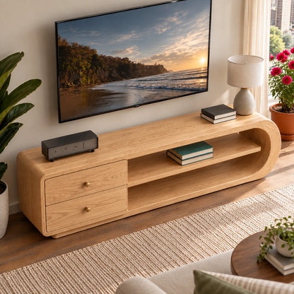 TV Stand with Rounded Open Shelves and Two Drawer Storage in Natural Solid Wood - Woodenecho - 4