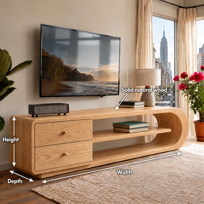TV Stand with Rounded Open Shelves and Two Drawer Storage in Natural Solid Wood - Woodenecho - 5