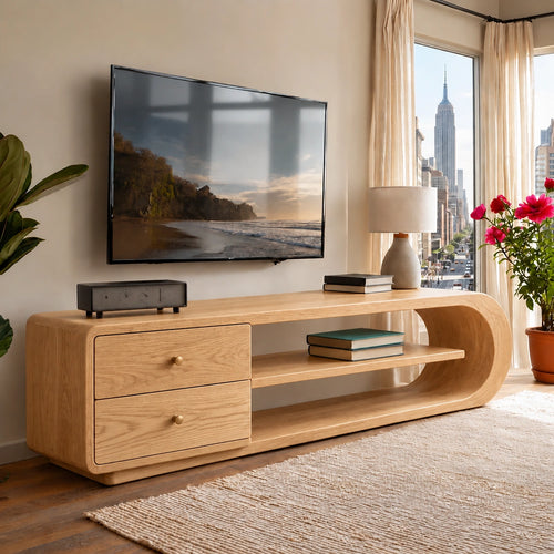 TV Stand with Rounded Open Shelves and Two Drawer Storage in Natural Solid Wood - Woodenecho - 6