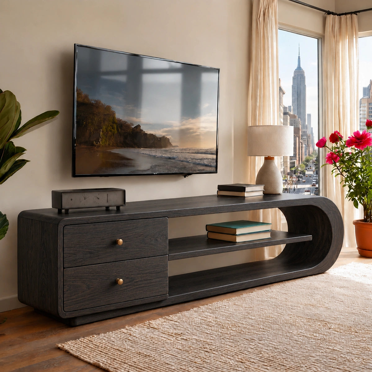 TV Stand with Rounded Open Shelves and Two Drawer Storage in Natural Solid Wood - Woodenecho - 7
