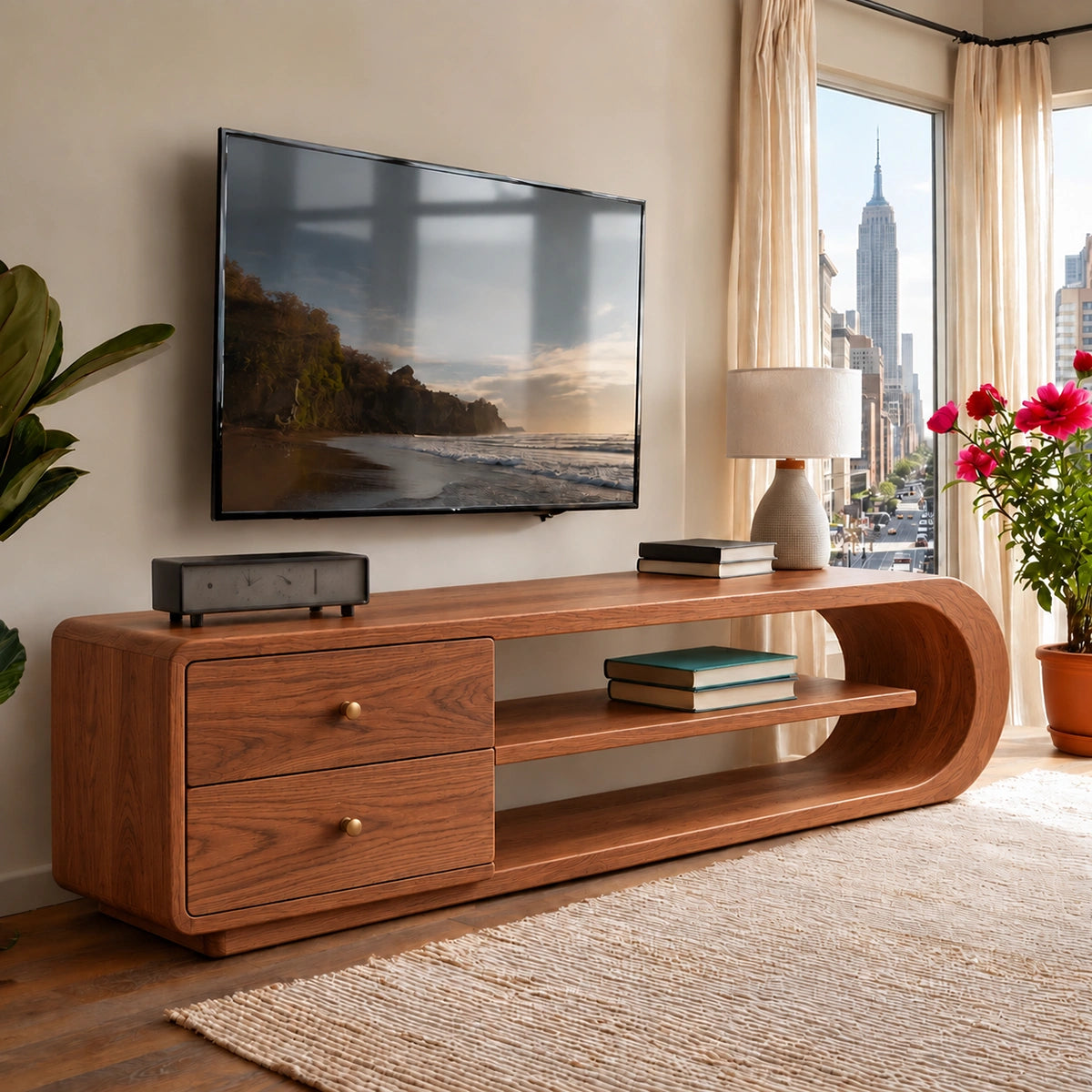 TV Stand with Rounded Open Shelves and Two Drawer Storage in Natural Solid Wood - Woodenecho - 8