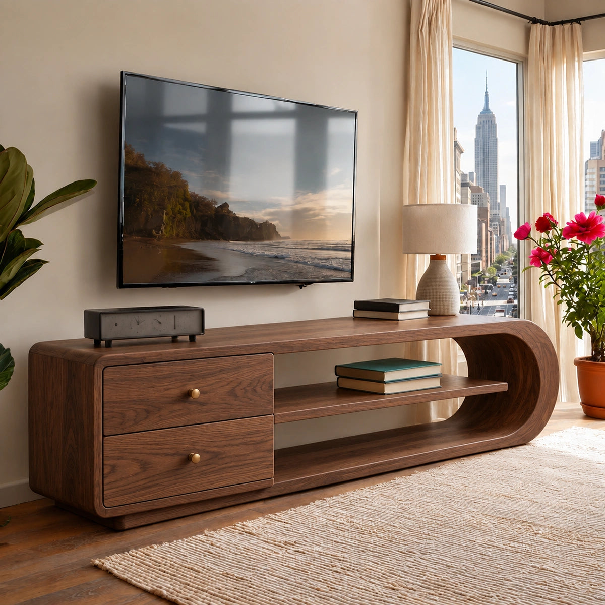 TV Stand with Rounded Open Shelves and Two Drawer Storage in Natural Solid Wood - Woodenecho - 9