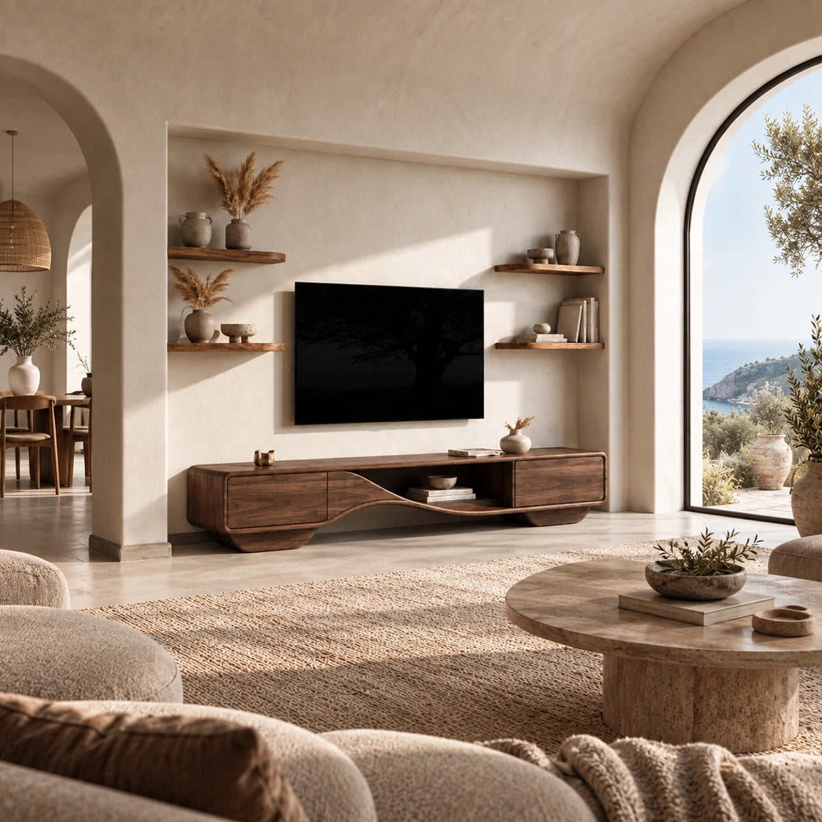 TV Stand with Sculptural Curved Base in Natural Solid Wood for Living - Woodenecho - 1