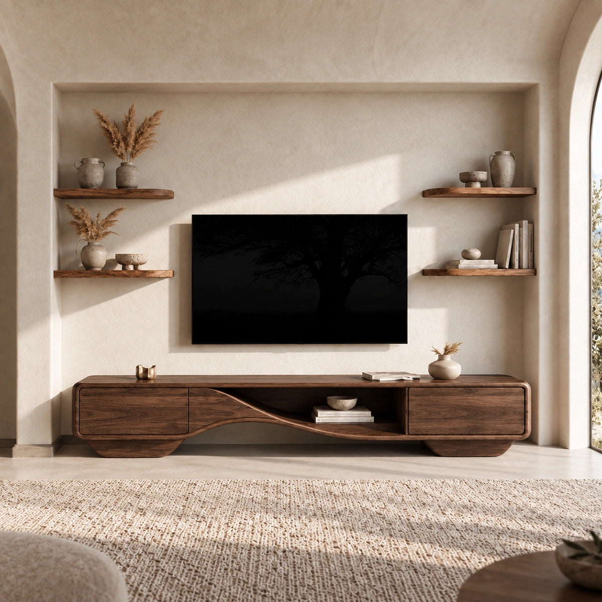 TV Stand with Sculptural Curved Base in Natural Solid Wood for Living - Woodenecho - 2