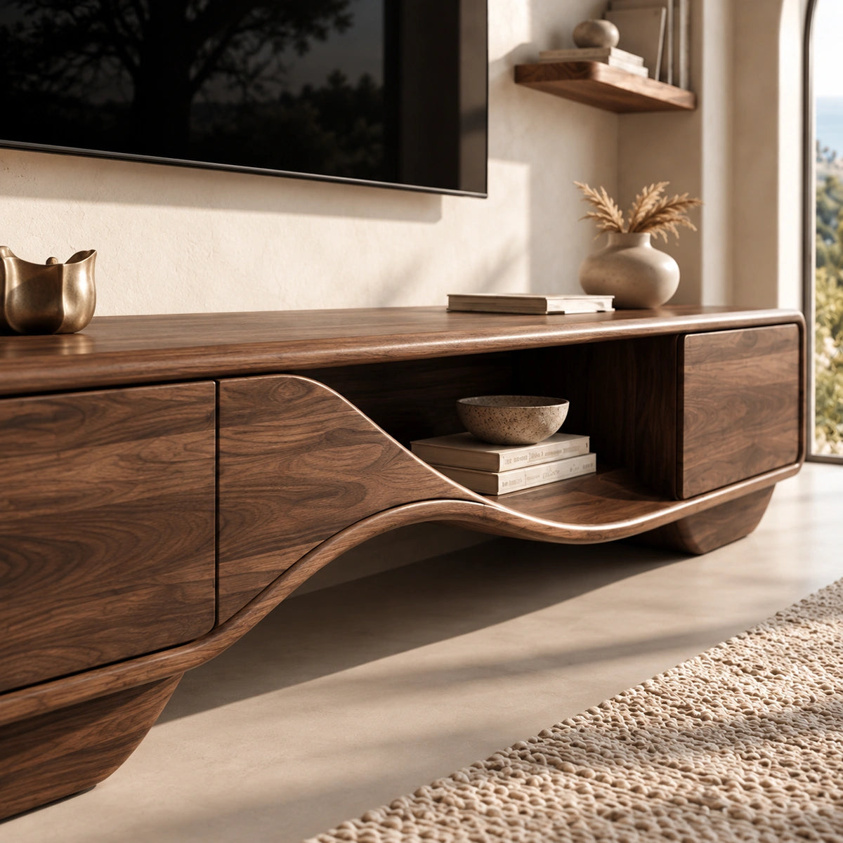 TV Stand with Sculptural Curved Base in Natural Solid Wood for Living - Woodenecho - 3