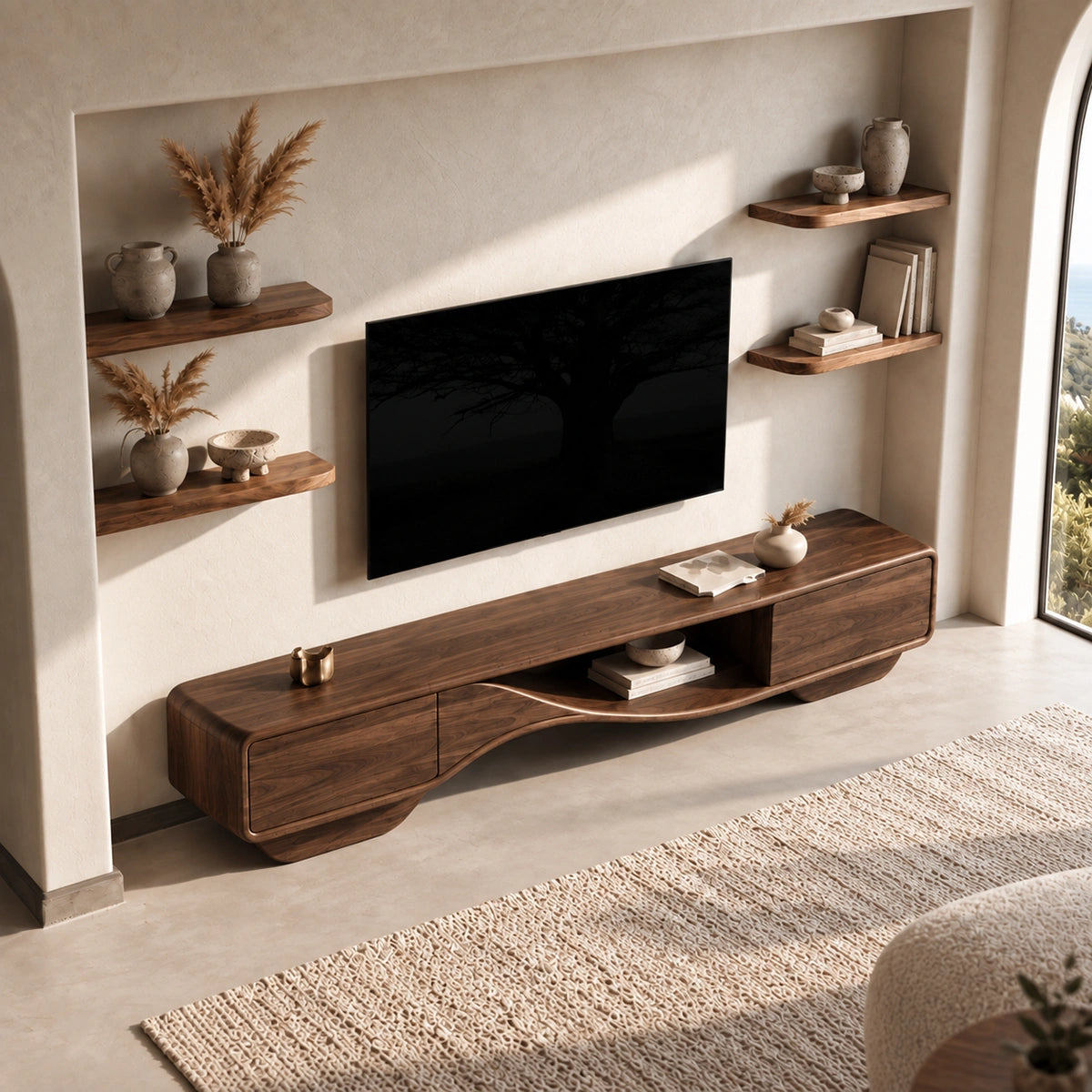 TV Stand with Sculptural Curved Base in Natural Solid Wood for Living - Woodenecho - 4