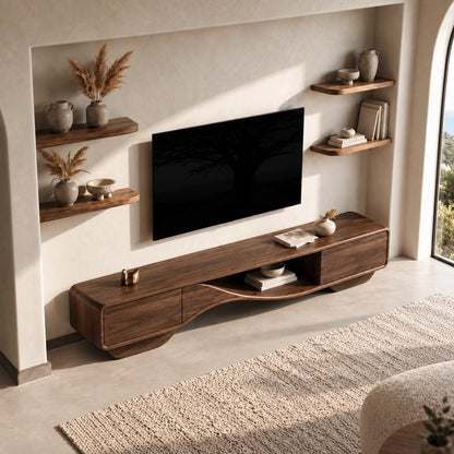 TV Stand with Sculptural Curved Base in Natural Solid Wood for Living - Woodenecho - 4