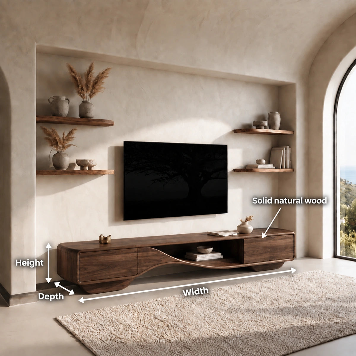 TV Stand with Sculptural Curved Base in Natural Solid Wood for Living - Woodenecho - 5