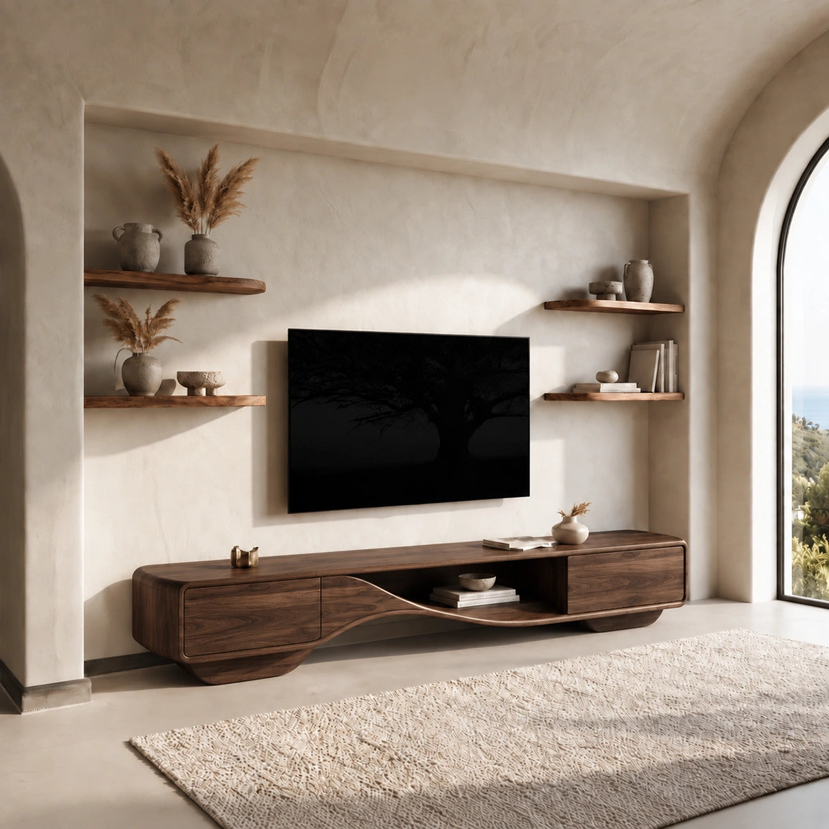 TV Stand with Sculptural Curved Base in Natural Solid Wood for Living - Woodenecho - 6