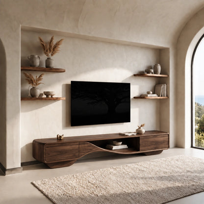 TV Stand with Sculptural Curved Base in Natural Solid Wood for Living - Woodenecho - 6