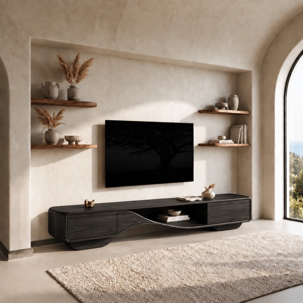TV Stand with Sculptural Curved Base in Natural Solid Wood for Living - Woodenecho - 7
