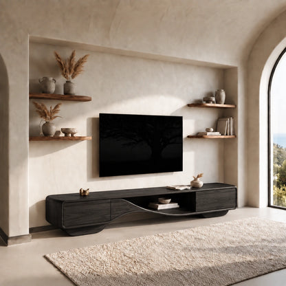 TV Stand with Sculptural Curved Base in Natural Solid Wood for Living - Woodenecho - 7