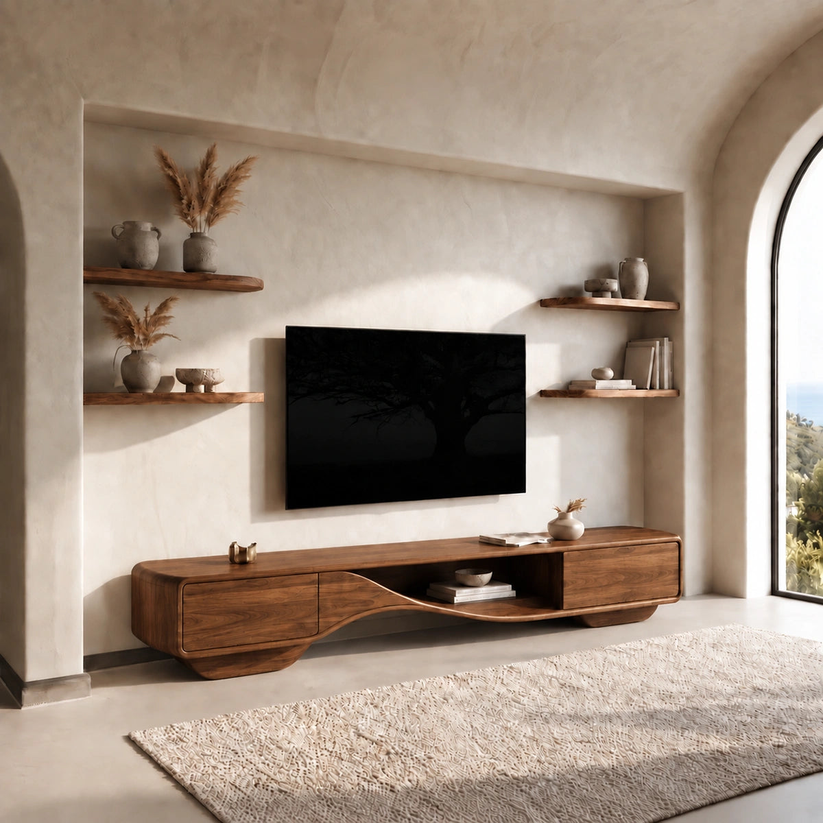 TV Stand with Sculptural Curved Base in Natural Solid Wood for Living - Woodenecho - 8