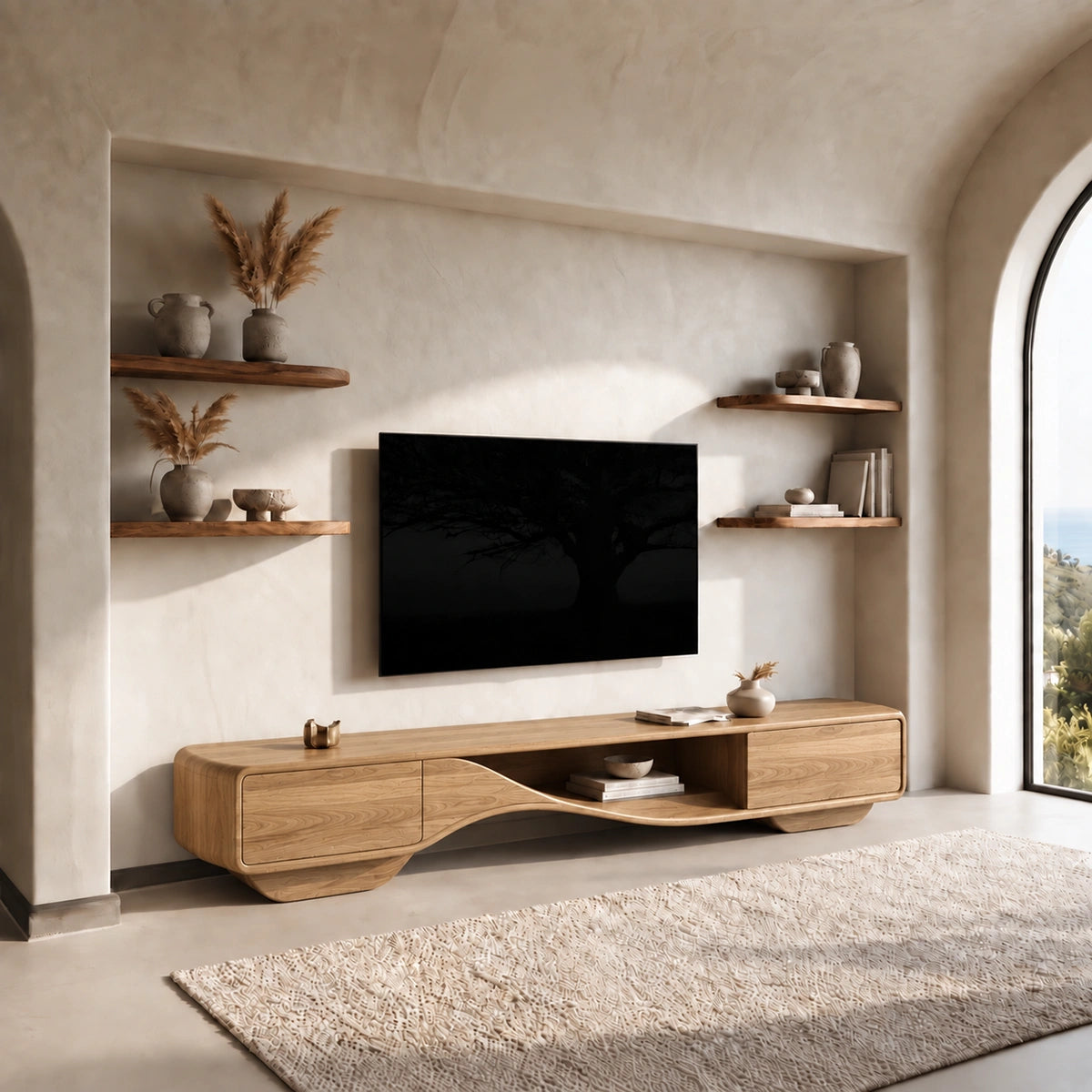 TV Stand with Sculptural Curved Base in Natural Solid Wood for Living - Woodenecho - 9