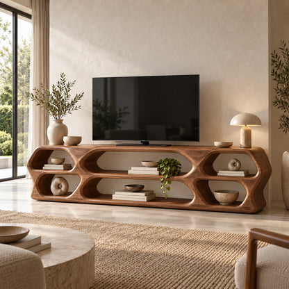 TV Stand with Sculptural Curved Openings in Natural Solid Wood in Six Sizes - Woodenecho - 1