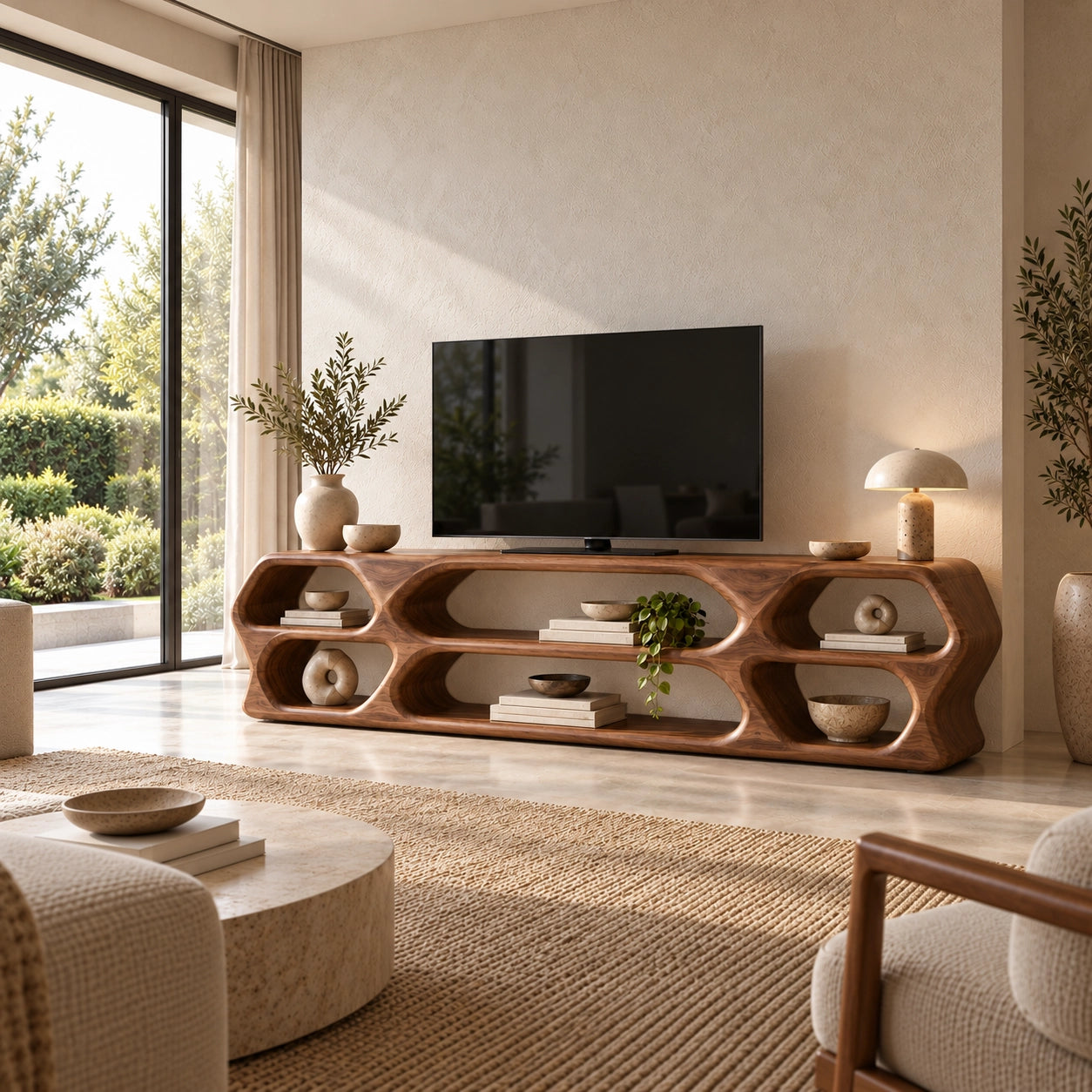TV Stand with Sculptural Curved Openings in Natural Solid Wood in Six Sizes - Woodenecho - 2