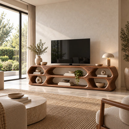 TV Stand with Sculptural Curved Openings in Natural Solid Wood in Six Sizes - Woodenecho - 2