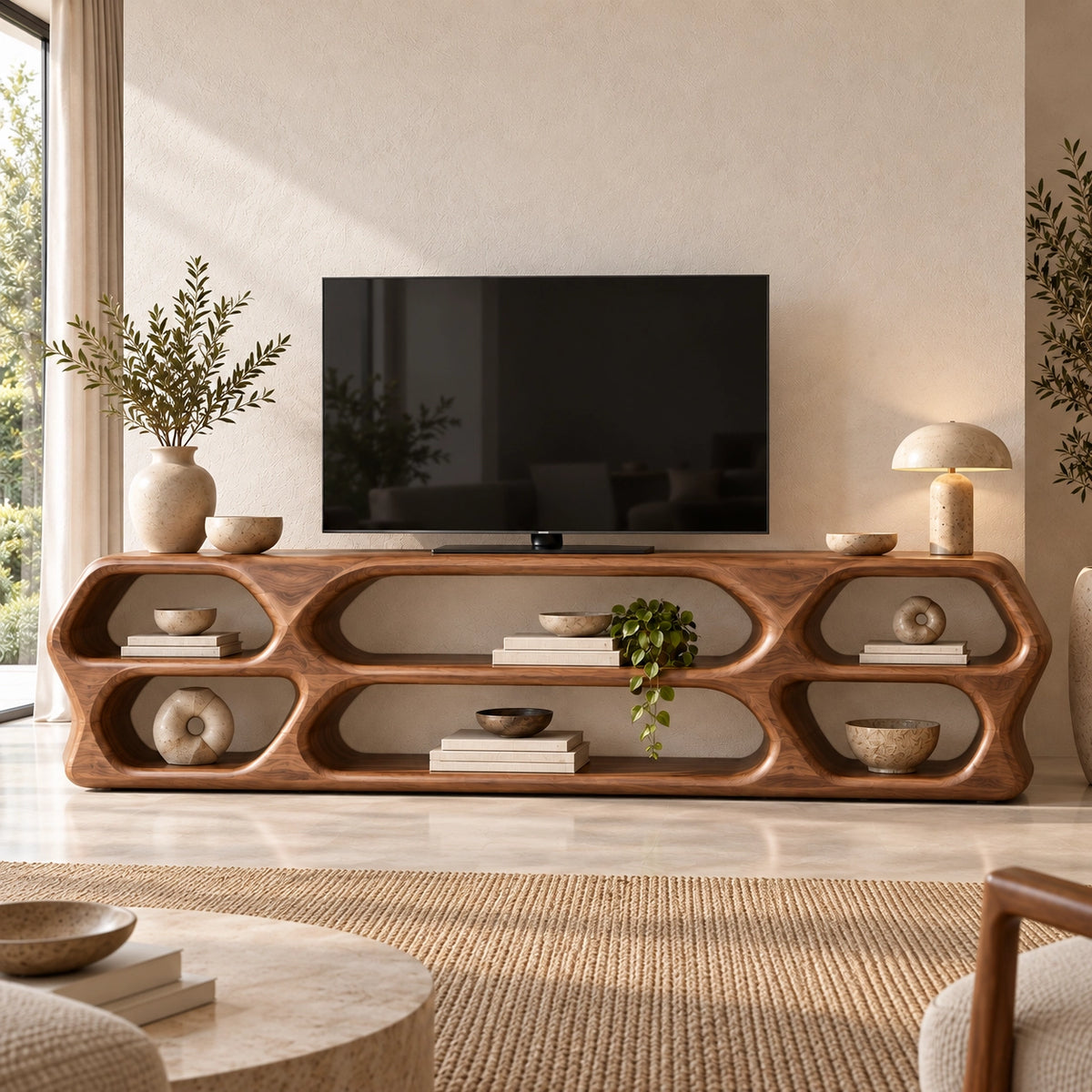 TV Stand with Sculptural Curved Openings in Natural Solid Wood in Six Sizes - Woodenecho - 3
