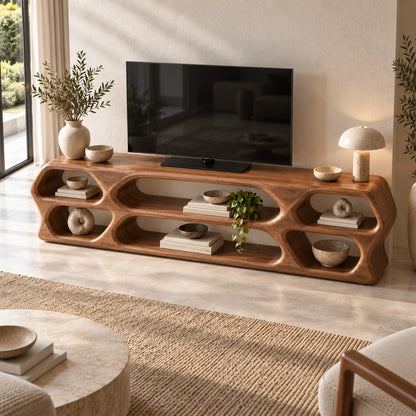 TV Stand with Sculptural Curved Openings in Natural Solid Wood in Six Sizes - Woodenecho - 4