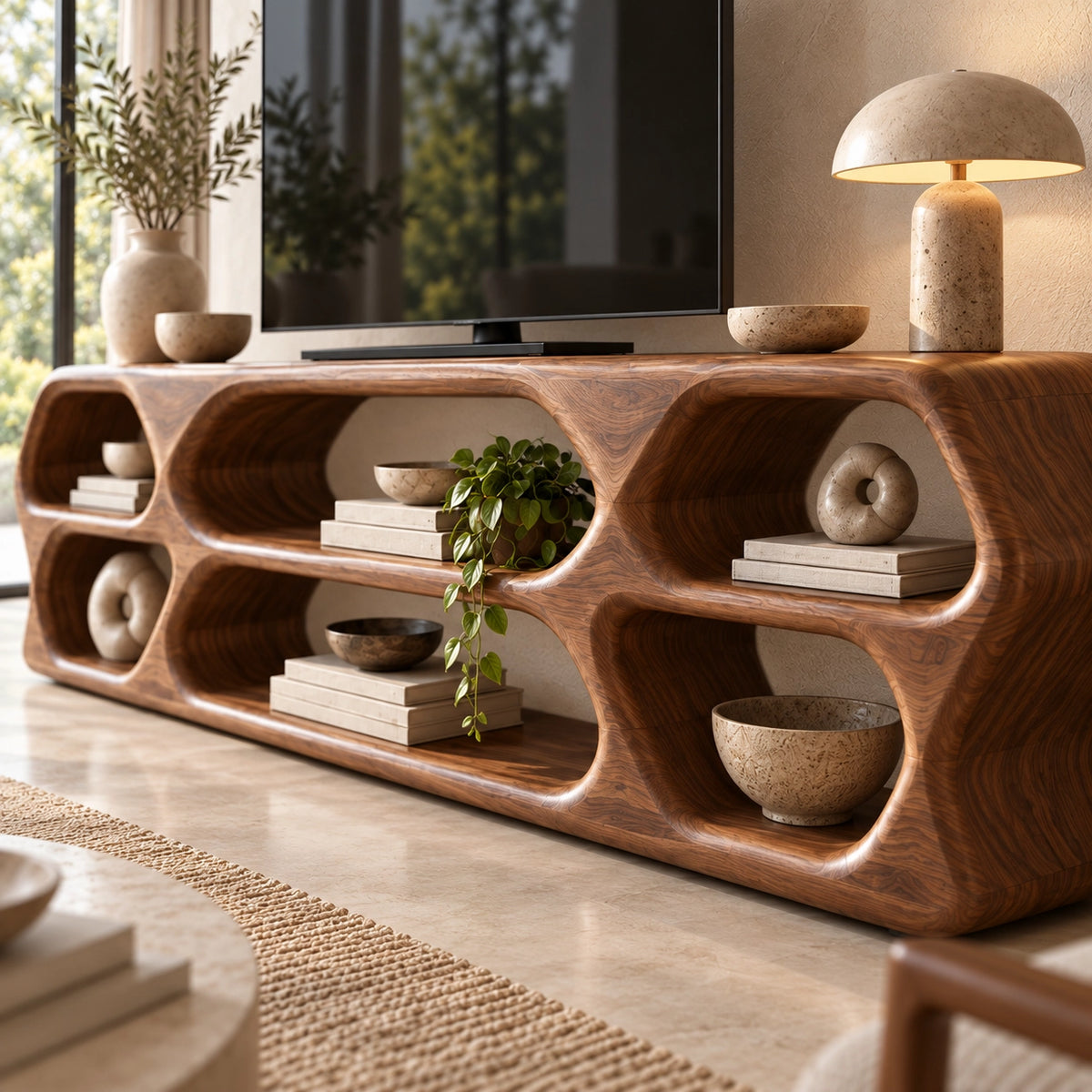 TV Stand with Sculptural Curved Openings in Natural Solid Wood in Six Sizes - Woodenecho - 5