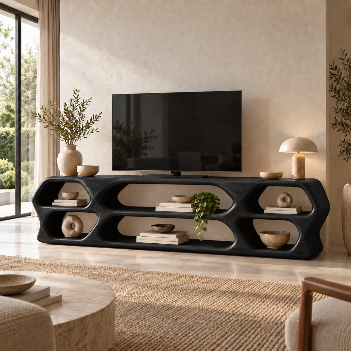 TV Stand with Sculptural Curved Openings in Natural Solid Wood in Six Sizes - Woodenecho - 7