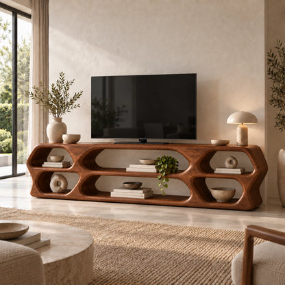 TV Stand with Sculptural Curved Openings in Natural Solid Wood in Six Sizes - Woodenecho - 8