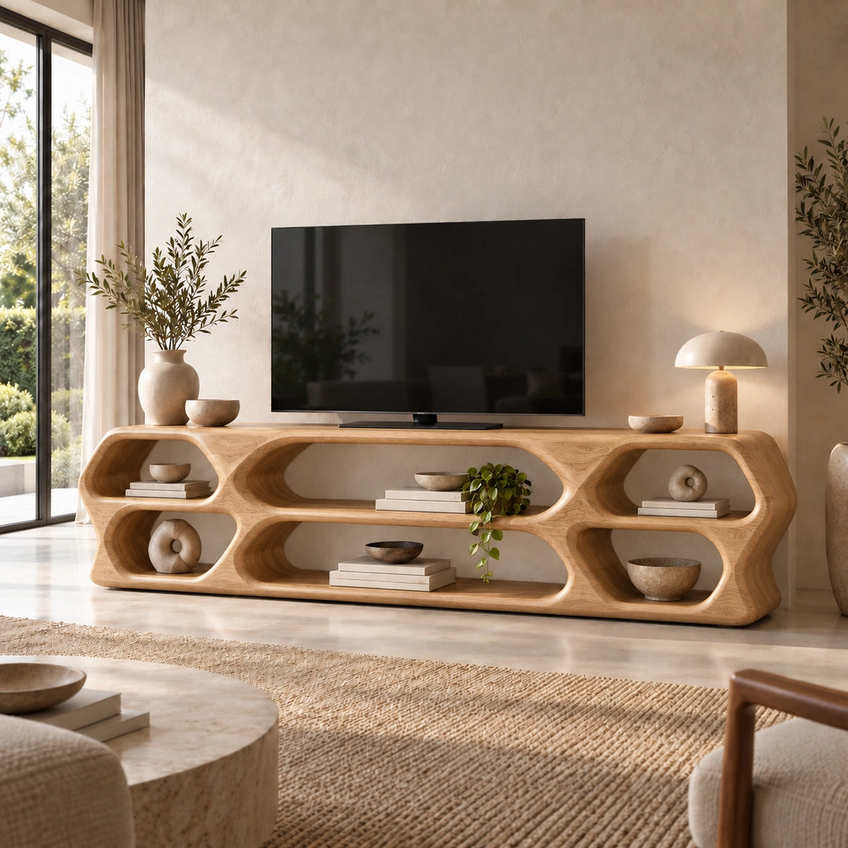 TV Stand with Sculptural Curved Openings in Natural Solid Wood in Six Sizes - Woodenecho - 9