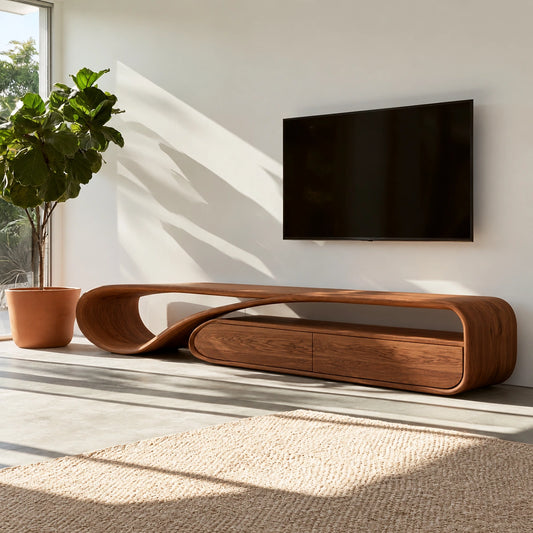 TV Stand with Sculptural Curved Wave Base in Natural Solid Wood Design - Woodenecho - 6