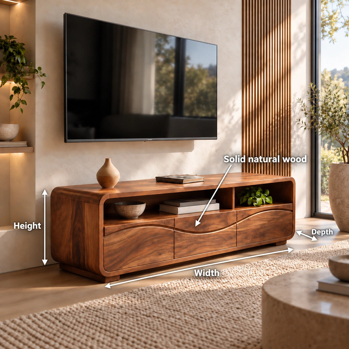 TV Stand with Sculptural Wave Doors and Open Storage in Natural Solid Wood - Woodenecho - 5