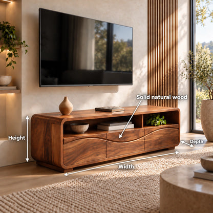 TV Stand with Sculptural Wave Doors and Open Storage in Natural Solid Wood - Woodenecho - 5