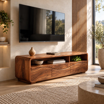 TV Stand with Sculptural Wave Doors and Open Storage in Natural Solid Wood - Woodenecho - 6