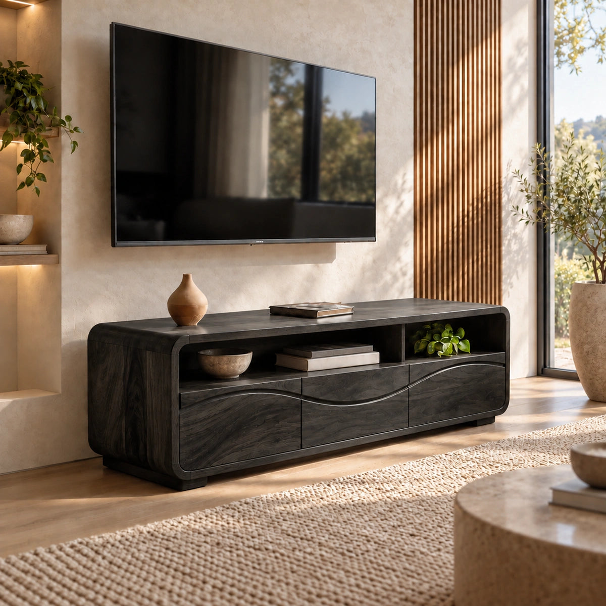 TV Stand with Sculptural Wave Doors and Open Storage in Natural Solid Wood - Woodenecho - 7