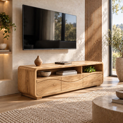 TV Stand with Sculptural Wave Doors and Open Storage in Natural Solid Wood - Woodenecho - 8