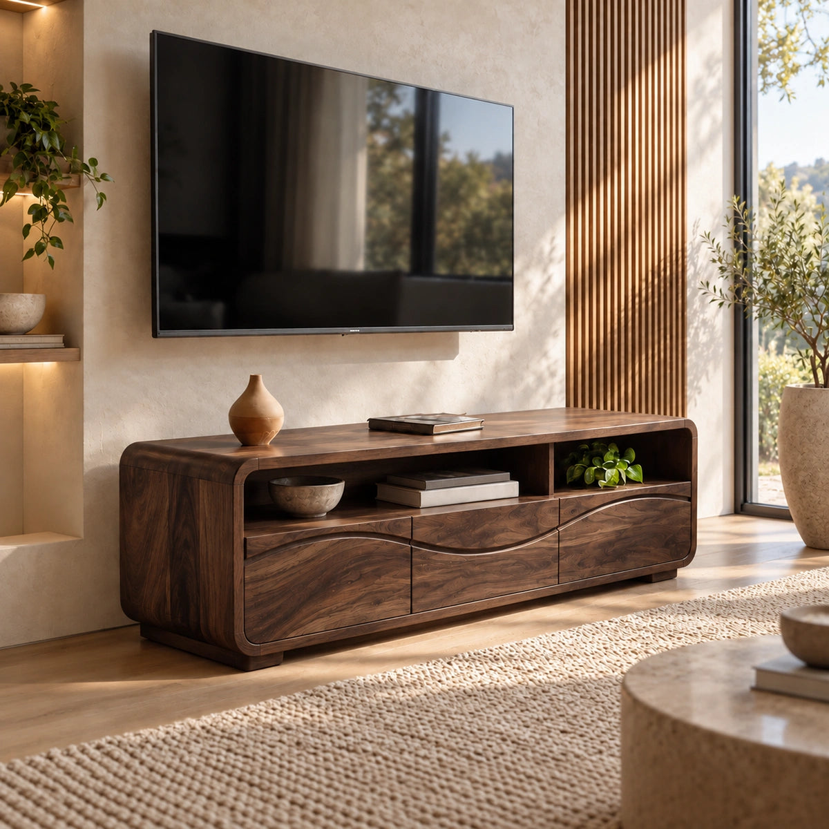 TV Stand with Sculptural Wave Doors and Open Storage in Natural Solid Wood - Woodenecho - 9