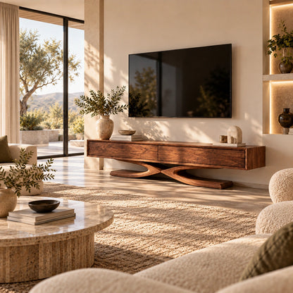 TV Stand with Sculptural X-Frame Base in Natural Solid Wood Design - Woodenecho - 1