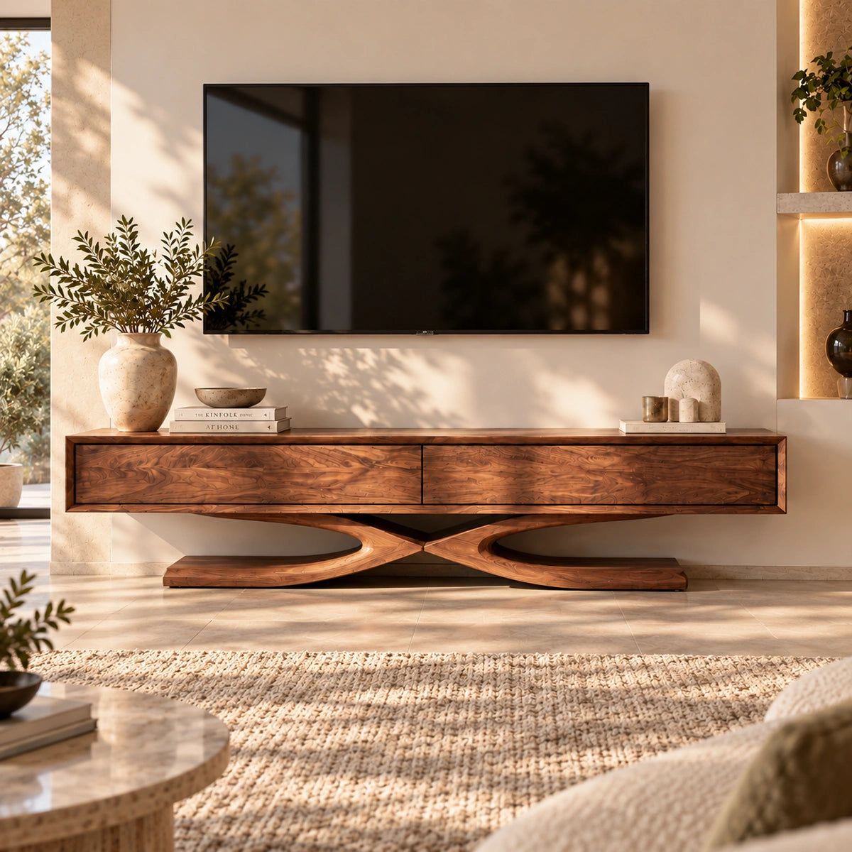 TV Stand with Sculptural X-Frame Base in Natural Solid Wood Design - Woodenecho - 2