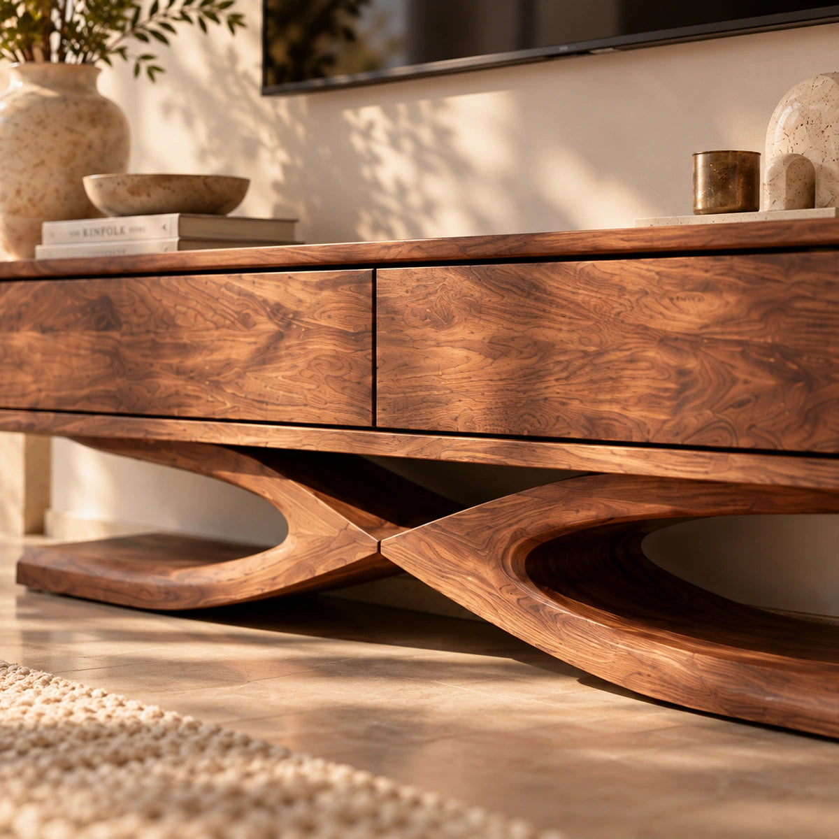 TV Stand with Sculptural X-Frame Base in Natural Solid Wood Design - Woodenecho - 3