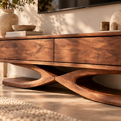 TV Stand with Sculptural X-Frame Base in Natural Solid Wood Design - Woodenecho - 3