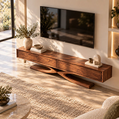 TV Stand with Sculptural X-Frame Base in Natural Solid Wood Design - Woodenecho - 4