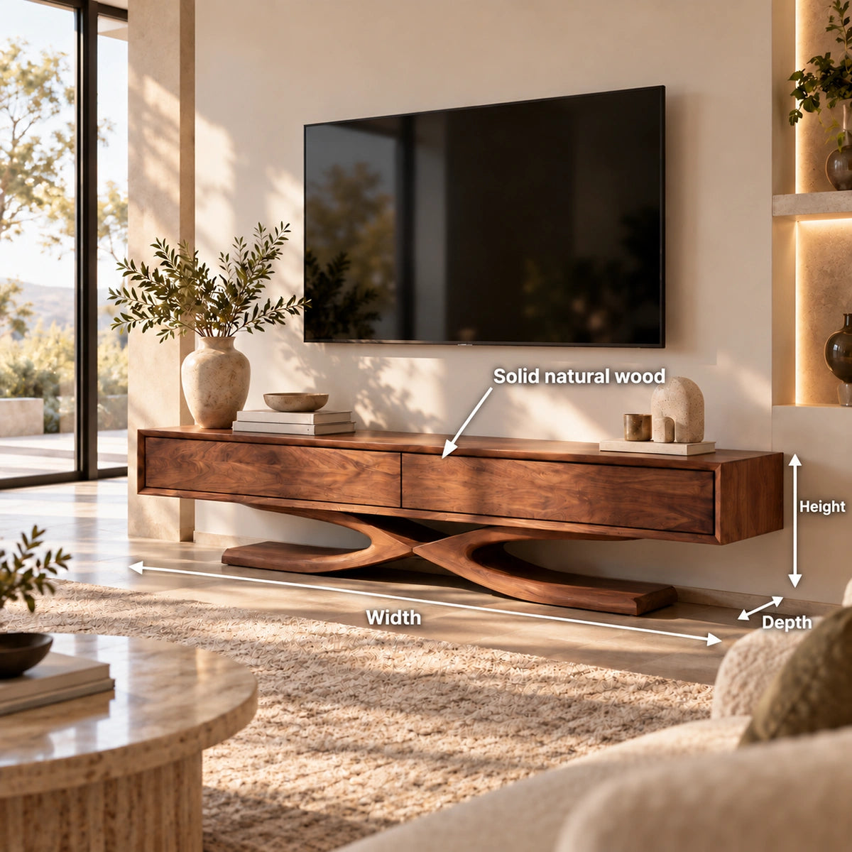 TV Stand with Sculptural X-Frame Base in Natural Solid Wood Design - Woodenecho - 5
