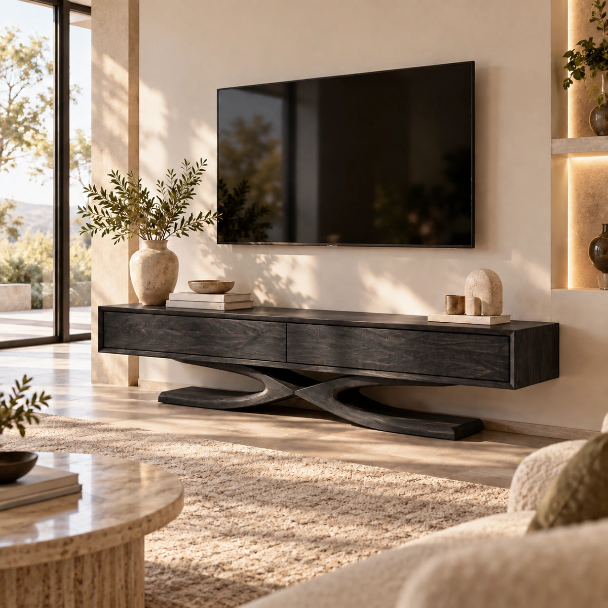 TV Stand with Sculptural X-Frame Base in Natural Solid Wood Design - Woodenecho - 7