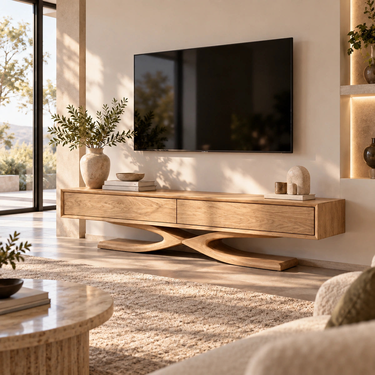 TV Stand with Sculptural X-Frame Base in Natural Solid Wood Design - Woodenecho - 8