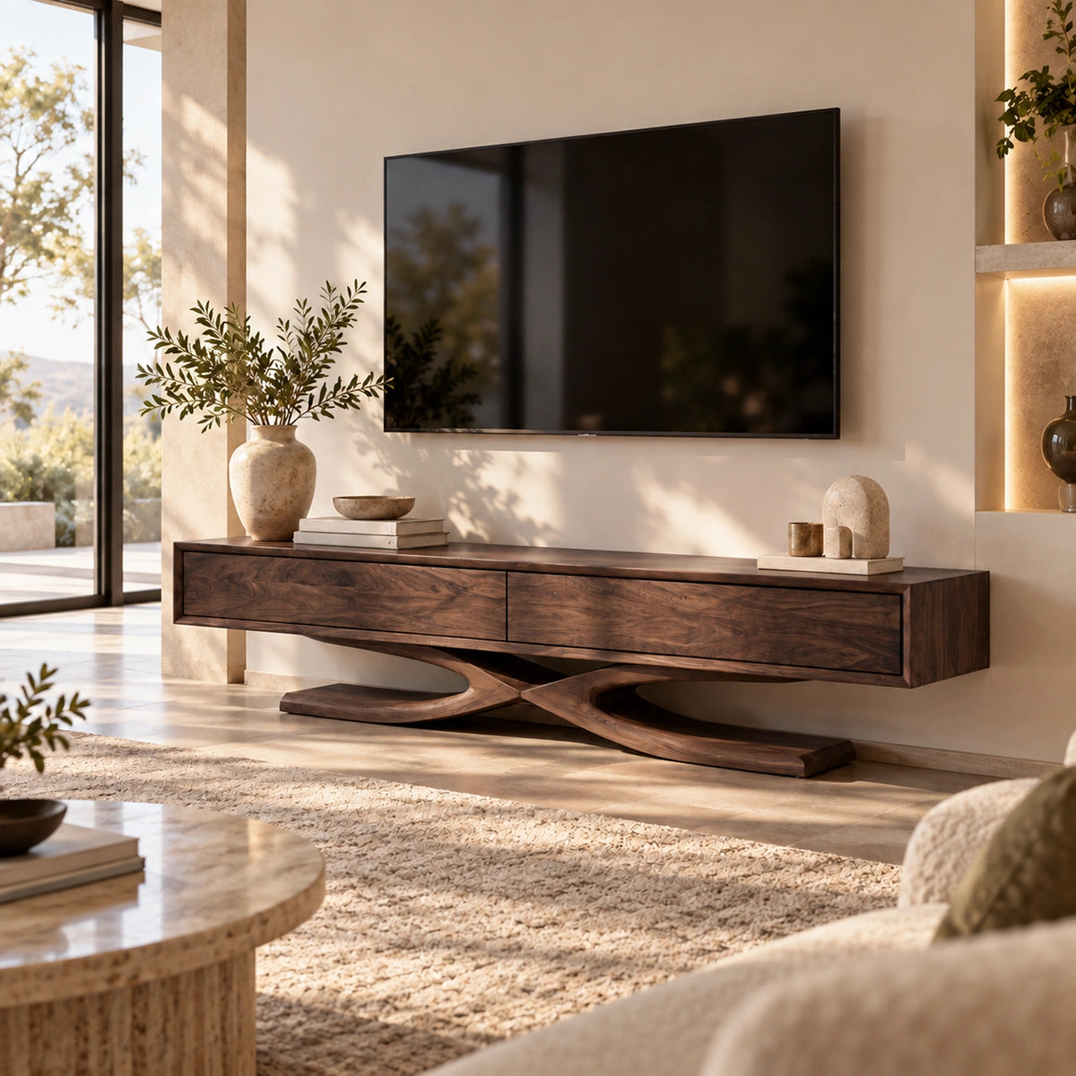 TV Stand with Sculptural X-Frame Base in Natural Solid Wood Design - Woodenecho - 9