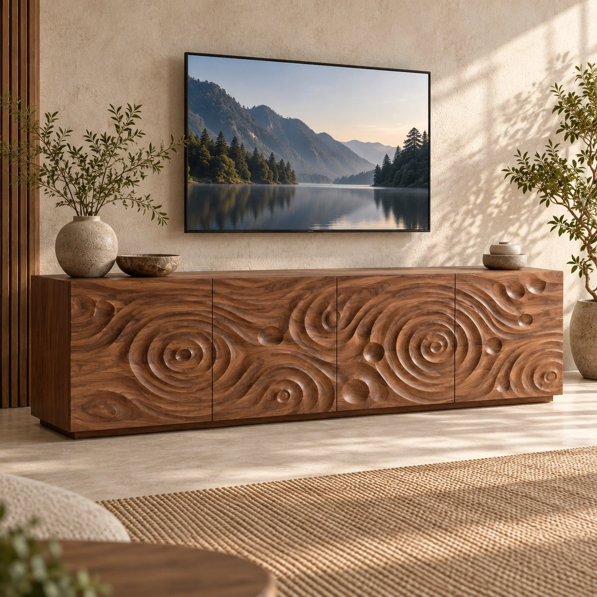 TV Stand with Spiral-Carved Cabinet Doors in Natural Solid Woods  - Woodenecho - 1