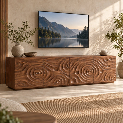 TV Stand with Spiral-Carved Cabinet Doors in Natural Solid Woods  - Woodenecho - 1
