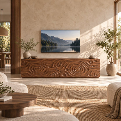 TV Stand with Spiral-Carved Cabinet Doors in Natural Solid Woods  - Woodenecho - 2