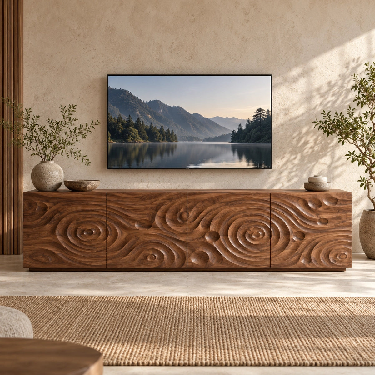 TV Stand with Spiral-Carved Cabinet Doors in Natural Solid Woods  - Woodenecho - 3