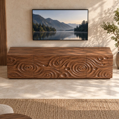 TV Stand with Spiral-Carved Cabinet Doors in Natural Solid Woods  - Woodenecho - 4