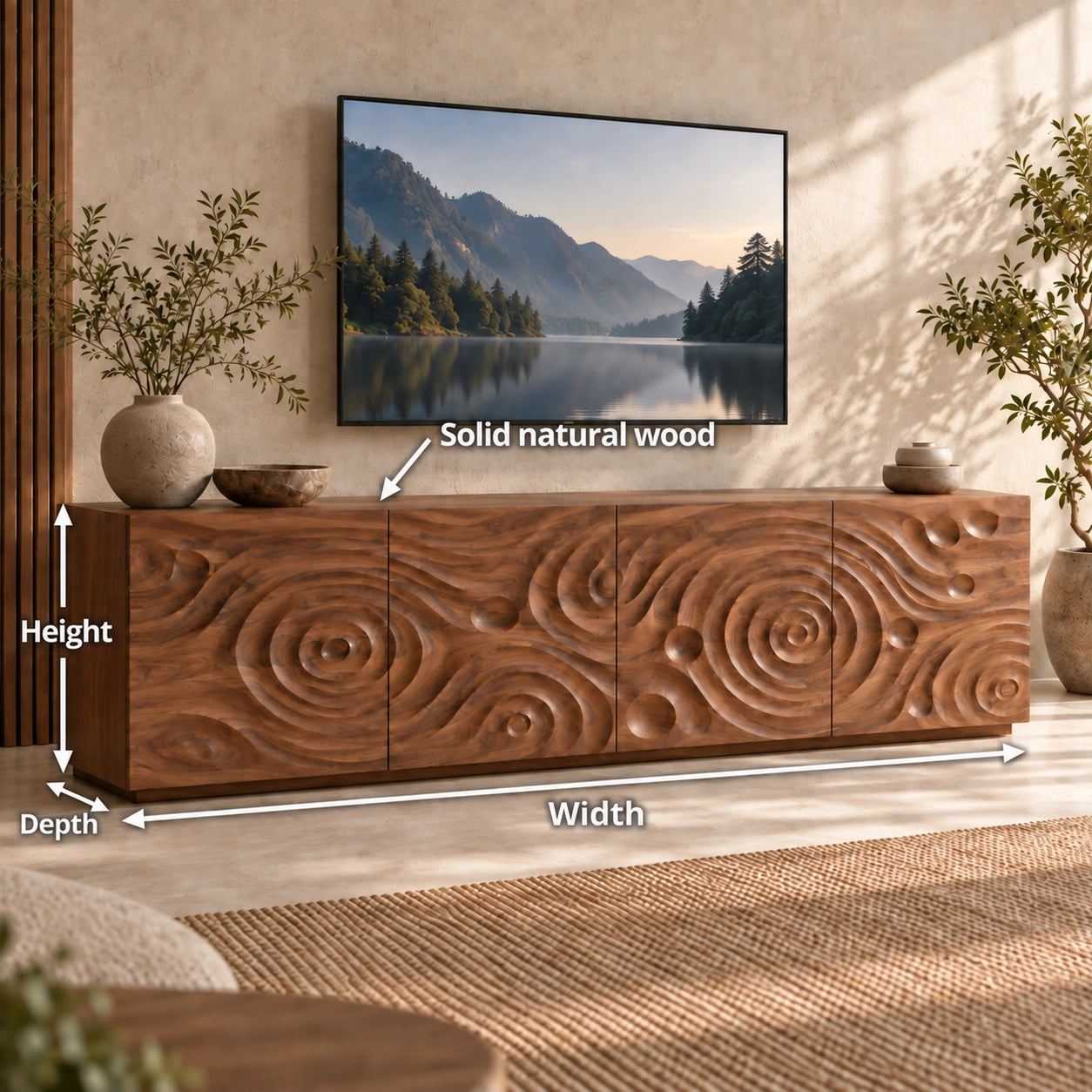 TV Stand with Spiral-Carved Cabinet Doors in Natural Solid Woods  - Woodenecho - 6