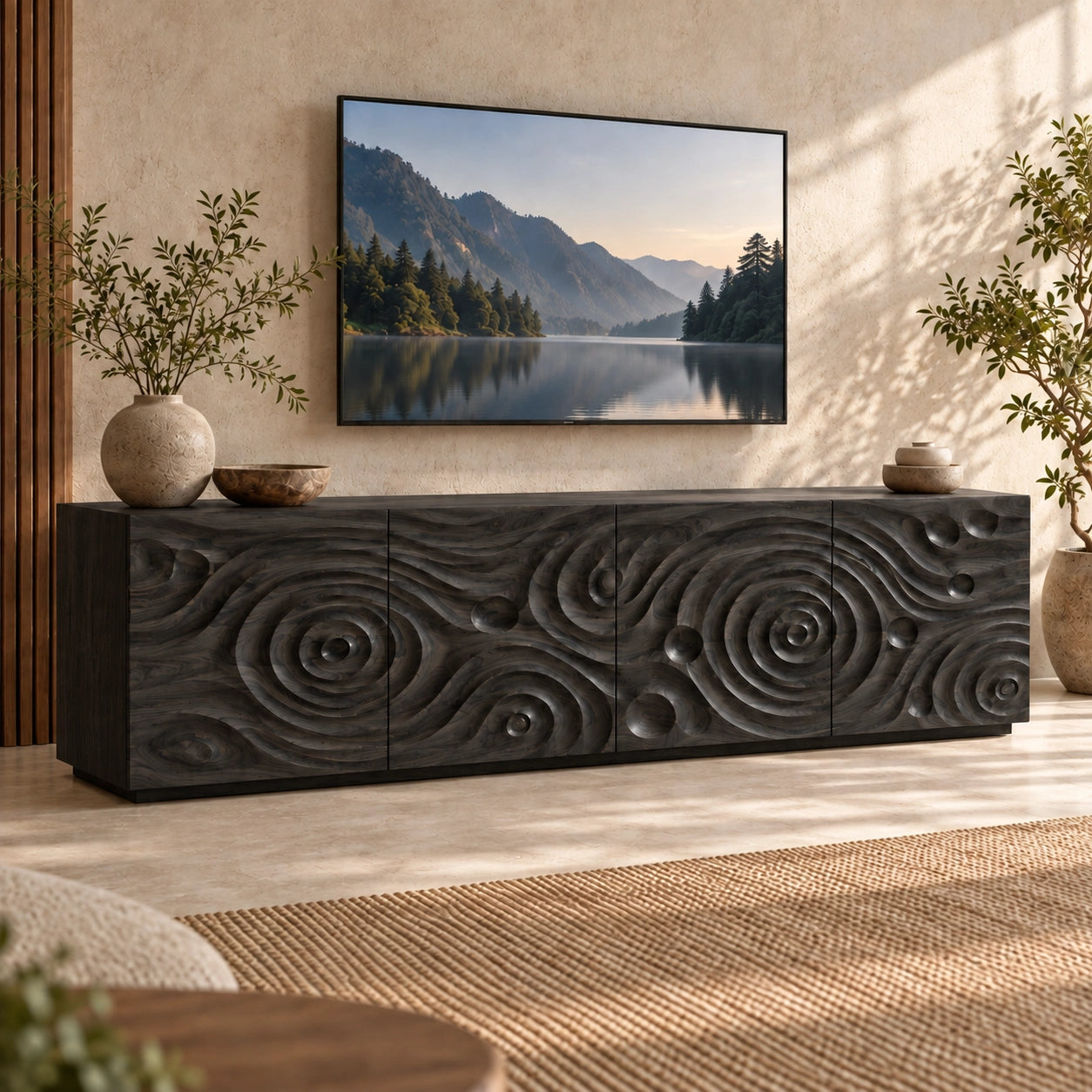 TV Stand with Spiral-Carved Cabinet Doors in Natural Solid Woods  - Woodenecho - 7